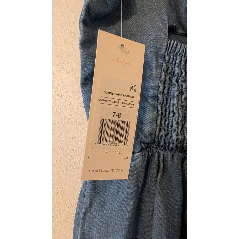 Habitual Kid Girls Denim Jumpsuit‎ Medium Stone Blue Wide Leg Tie Back Size 7-8